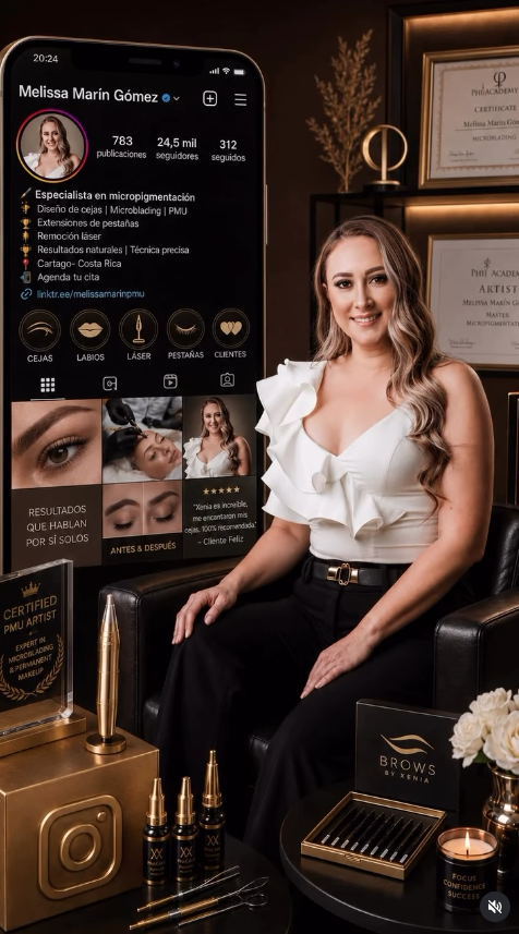 Meli, Melissa Marín Gómez, en una composición de Beauty Gallery con su retrato y trabajo de belleza